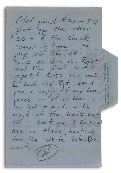 Hunter S. Thompson Autograph Letter Signed -- ''...me and [Alfred] Kazin are in there, hustling for the White Establishment...''